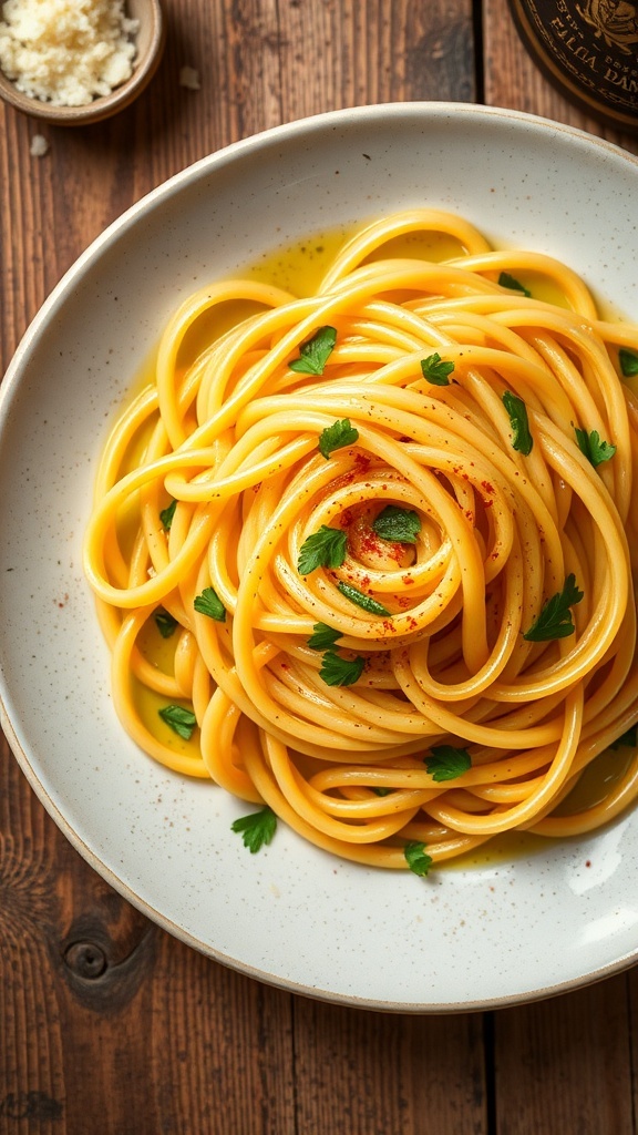A delicious plate of spaghetti aglio e olio garnished with parsley and red pepper flakes, with Parmesan cheese on the side.
